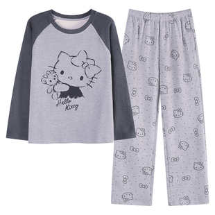 秋冬季磨毛德绒睡衣女款保暖加厚薄绒可爱KT猫少女长袖家居服套装