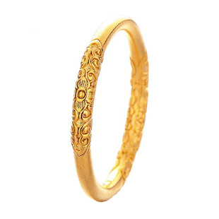 传承中国风立体雕花卷草纹戒指古法金色磨砂素圈女高级感精致指环