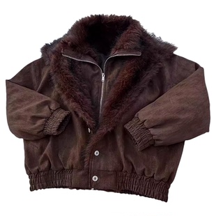 EME 极地狼王双门襟座山雕毛领外套男女秋冬树纹PU抗皱夹克棉服