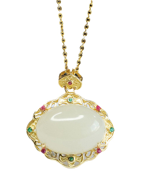 S925银镶天然和田玉吊坠白玉如意项链新中式民族风饰品女士款礼物