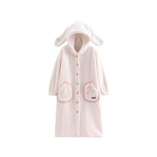 芬腾女士睡袍秋冬珊瑚绒连帽睡衣加绒加厚可爱抗静电布朗熊家居服