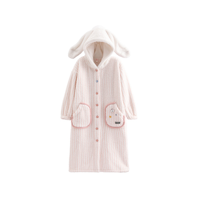 芬腾秋冬珊瑚绒抗静电连帽睡袍女