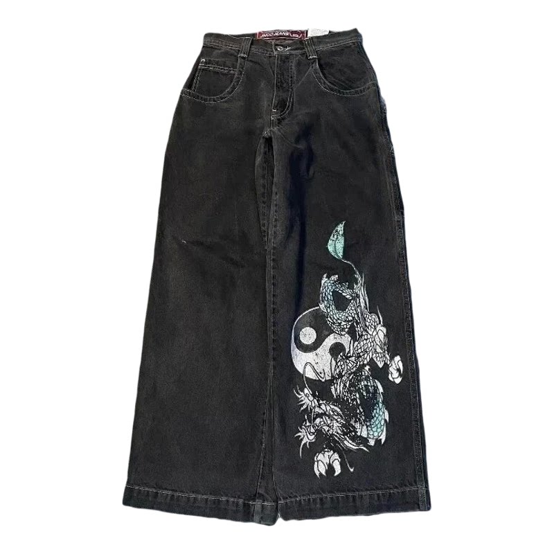 跨境电商JNCO Y2K宽松牛仔裤男士复古刺绣嘻哈街头原宿男士阔腿裤
