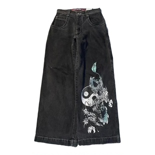 跨境电商JNCO Y2K宽松牛仔裤男士复古刺绣嘻哈街头原宿男士阔腿裤