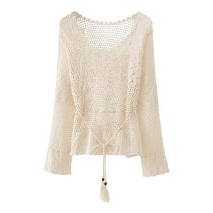 拉夏贝尔/La Chapelle法式小众镂空针织衫女夏季新款百搭长袖上衣