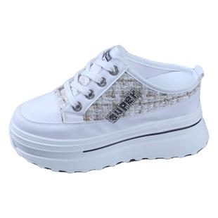 2024春夏小香风小白鞋女厚底内增高10CM小个子无后跟懒人鞋半拖鞋