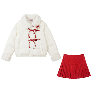 织物猪 新禧冬日 甜美风白色棉服女冬新年穿搭保暖翻领可爱外套