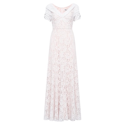 DVF一字领珍珠白色蕾丝连衣裙