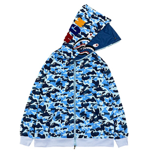 美式潮牌街头嘻哈双帽鲨鱼迷彩连帽外套拉链开衫春秋男女情侣卫衣