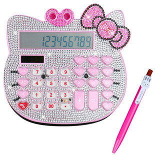 韩国卡通hello kitty太阳能带钻计算器 可爱水晶钻语音计算机加钻