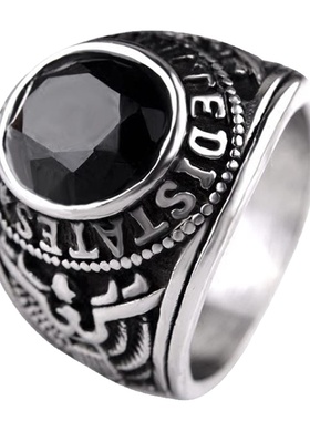 欧美风男士钛钢鹰图腾黑宝石戒指