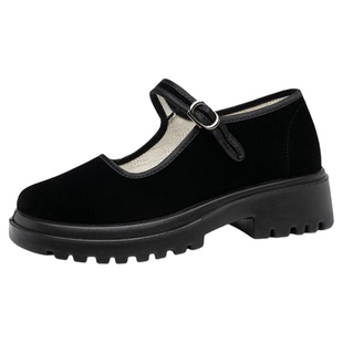 步锦轩工作鞋老北京布鞋女黑色扣带厚底方根单鞋女舒适平底上班鞋