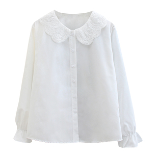 白衬衫女长袖春秋新款轻奢高级感蕾丝娃娃领衬衣宽松法式上衣外套