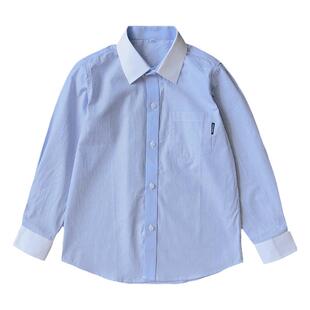 男童蓝色条纹长袖衬衫春秋款男孩白领上衣纯棉中大童学生校服衬衣