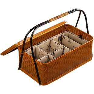 手工竹编提篮 中式复古长方形家用带盖防尘收纳筐 便携茶具收纳盒