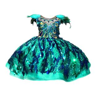 儿童短款绿色亮片蓬蓬裙公主裙女童新年演出走秀主持表演时尚礼服