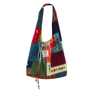 枝悟 复古双面背心包 波西米亚民族风情单肩包 撞色拼布旅游布袋