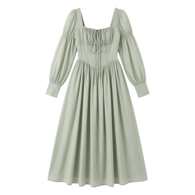 Retro square neck bubble sleeve dress 复古方领泡泡袖连衣裙女