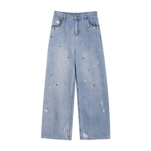 夏大大大码直筒显瘦牛仔裤2025夏季新款胖mm阔腿裤子小花裤长裤