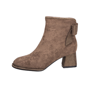 水钻绒面短靴女冬蝴蝶结高跟鞋女粗跟驼色五厘米侧拉链马丁靴加绒