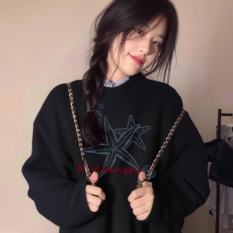 美式慵懒chic圆领卫衣女新款秋冬加绒加厚宽松无帽外套学院风上衣