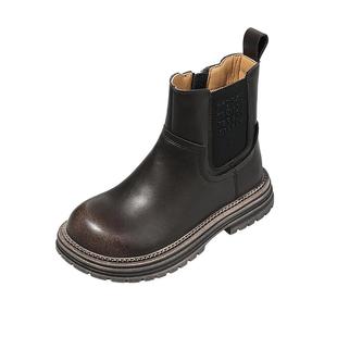 星期六童鞋女童短靴秋冬新款复古简约软底宝宝靴子加绒儿童皮靴