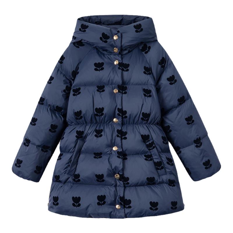 【新品】Jacadi亚卡迪女童中长款加厚羽绒服冬藏青色连帽2040598