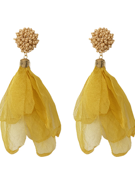 黄色大花朵气质耳环花瓣超仙女夸张长款夏季网纱耳饰耳夹无耳洞
