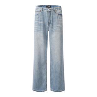 新款gd权志龙同款风格浅蓝色水洗牛仔裤美式复古猫须抓痕直筒裤男