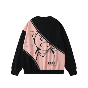 LAMLICKA拼接熊猫印花圆领卫衣女秋冬季新款中性风格休闲宽松上衣