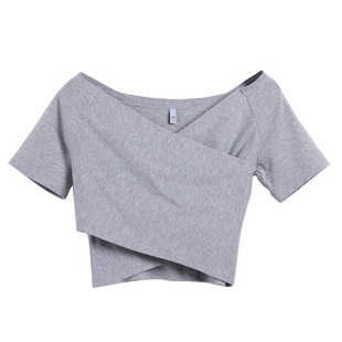 白色t恤女短袖V领上衣露肚脐漏高腰紧身打底衫大领口锁骨短款内搭