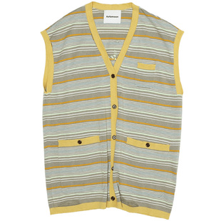 fafamoon设计师品牌 2025夏季新品灰绿条纹V领针织马甲女时髦马夹