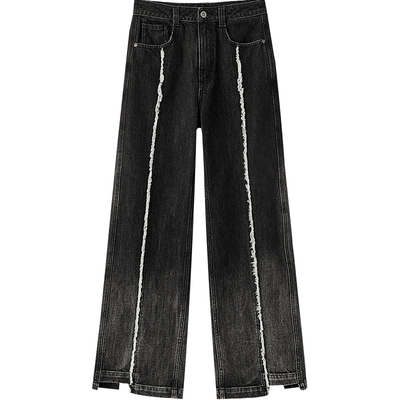 乐町毛边喷色牛仔阔腿裤2024春季新款长裤C2HAE1437