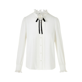 朗姿/LIME莱茵花边小立领百搭衬衣配手工领花可拆卸雪纺衬衫新款