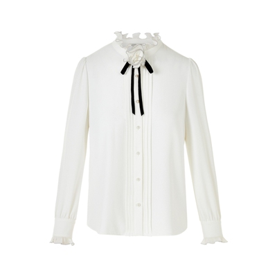 朗姿/LIME莱茵花边小立领百搭衬衣配手工领花可拆卸雪纺衬衫新款