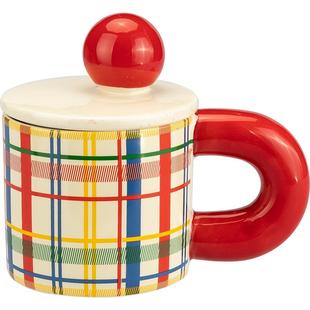 摩登主妇格纹马克杯带盖杯子情侣水杯家用陶瓷杯高颜值早餐咖啡杯