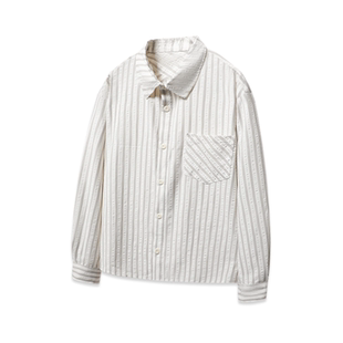 春秋季美式复古泡泡纱白色条纹翻领衬衫男女cleanfit高级感衬衣