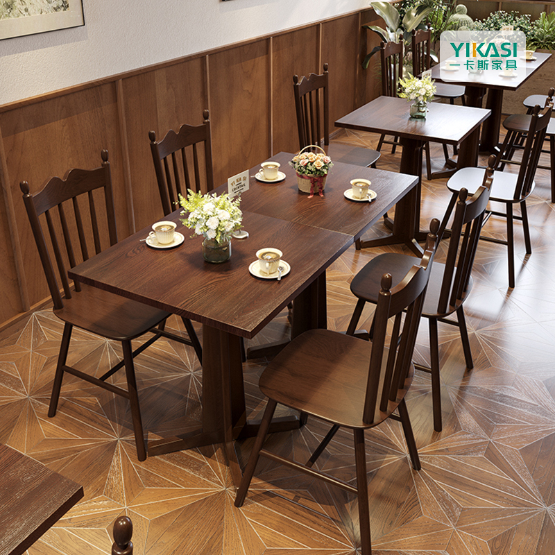 复古实木桌椅组合适用西餐厅咖啡厅 商用甜品店小吃店耐用桌椅