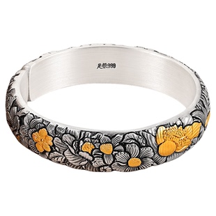 银千造 十二花神非遗镶金实心开口银手镯泥鳅背银镯子妈妈款银镯