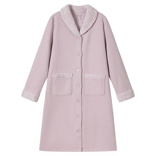 SCHIESSER舒雅女士厚实温暖一体绒青果领开襟宽松睡衣家居服睡袍