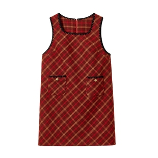 蓝语大码圣诞红色格纹打底毛呢背心连衣裙胖mm冬季叠穿显瘦短裙