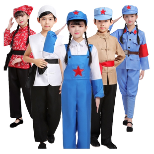 六一军民大生产工人农民村姑服装儿童衣服女碎花小红军亲子演出服