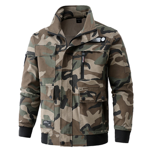 春秋加厚纯棉弹力工作服单上衣迷彩工装外套宽松多口袋长袖夹克男