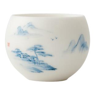 国风手绘青花瓷陶瓷主人杯个人专用素烧羊脂玉白瓷功夫喝茶杯定制