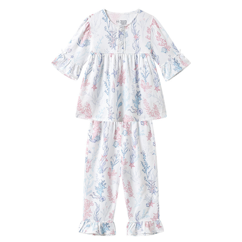 Domiamia儿童家居服七分袖睡衣纱布女童大童套装女宝宝夏天空调服