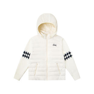 文文不乖美式复古针织拼接排骨羽绒服男女轻薄保暖白鸭绒外套情侣