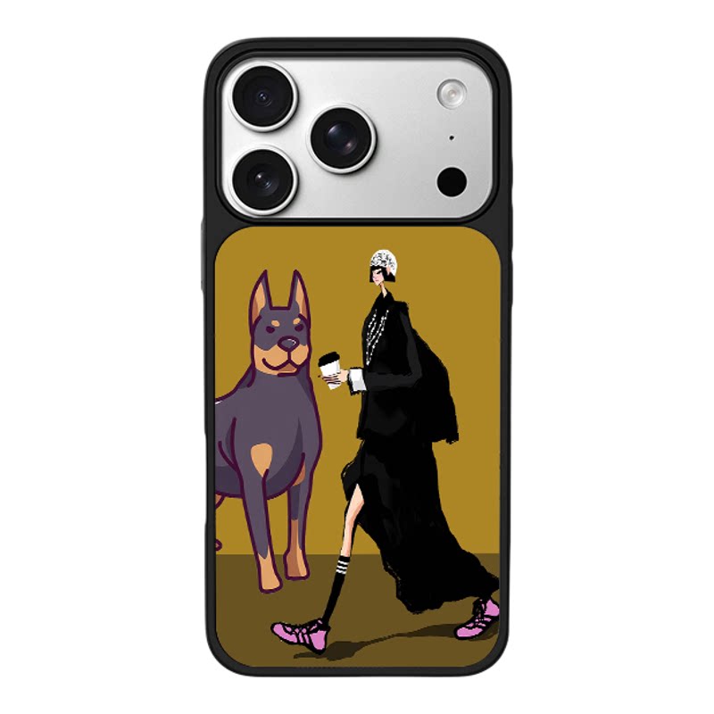 时尚摩登女士杜宾犬插画适用于苹果17promax新款手机壳iPhone air/16pro/15plus14玻璃13pro手机套冰感小米17
