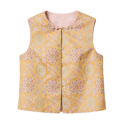 蓝语新中式黄色提花马甲衬衫套装