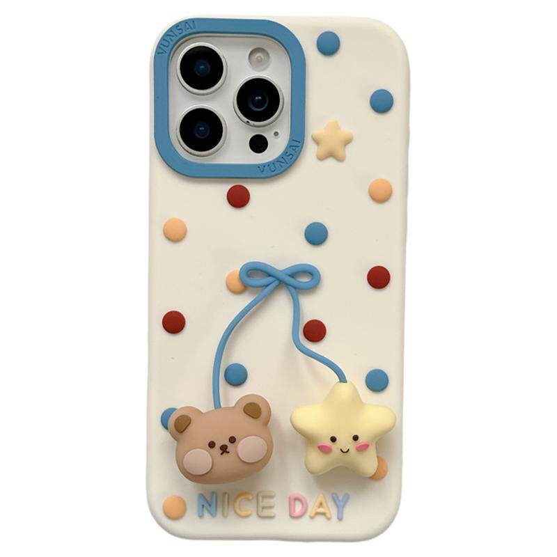 立体卡通可爱彩色波点星星小熊适用苹果15手机壳iphone16ProMax新款15pro女13硅胶17pro创意14全包防摔保护套
