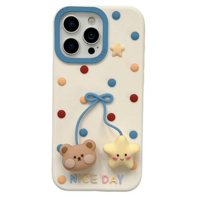 立体卡通可爱彩色波点星星小熊适用苹果15手机壳iphone16ProMax新款15pro女13硅胶17pro创意14全包防摔保护套